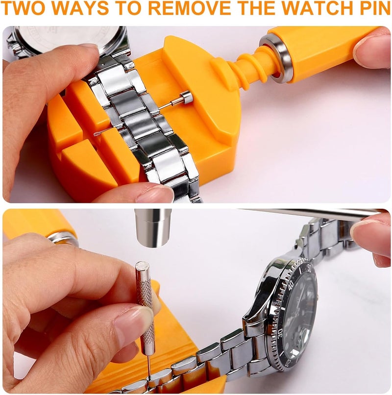 HECHIO 32 Pieces Watch Link Removal Kit，Professional Watch Band Replacement Tool，10 Pcs Spare Spring Bars and 10 Pcs Cotter Pins, 1 Double Head Hammer, 6 Spare Pins - Image 2